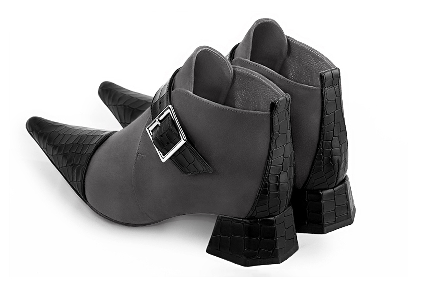 Satin black and dark grey women's ankle boots with buckles at the front. Pointed toe. Low flare heels. Rear view - Florence KOOIJMAN